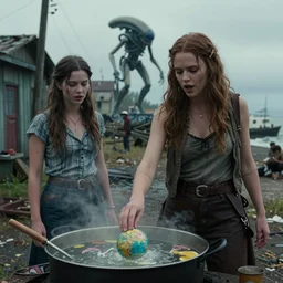 she makes the deep boil. dark fantasy story about two casually - dressed women in a dirty seaside town, a globster, and a beautiful song. color cinematic still from an action - packed 2 0 1 1 assimilating!! alien - robot invasion science - fiction blockbuster movie ; highly - detailed.