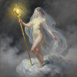 painting of a beautiful surreal Harpey clutching a staff of luminous gold, veiled by mist, treading on a cloud, by Jeremy Mann and Jason Jenicke, detailed, stylized, loose brush strokes, intricate, realistic, exaggerated lighting, sense of scale, ferocious, sensual