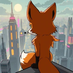 an anthropomorphic fox with a fluffy tail staring over a futuristic city from the top of a roof, comic art, trending on furaffinity, cyberpunk, backlighting, cartoon