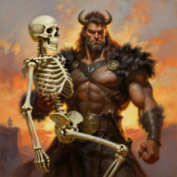 hyperrealistic frazetta oil painting of thorgal holding skeleton ,sunset backlight