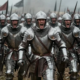 a mercenary company wearing gambesons and half-plate armor charging into battle screaming fiercely, by Greg Rutkowski Thomas Kincade, detailed, 4k, cinematic, intense, gritty, emotions visible, symmetrical bodies and faces