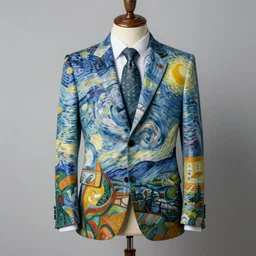 a beautiful suit made out of a van gogh painting, on a mannequin. studio lighting, high quality, high resolution