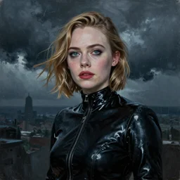 Elle Fanning wearing a black latex suit in the style of Paola Vetri, head and shoulders portrait, stormy weather, extremely detailed masterpiece, oil on canvas, low-key neon lighting, artstation, Blade Runner 2049, Roger Deakin’s cinematography, by J. C. Leyendecker and Peter Paul Rubens and Edward Hopper and Michael Sowa,