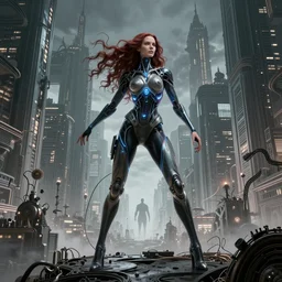Wanda Maximoff, dynamic pose, standing in a h.r. giger city, glowing, wires everywhere, by Edgar Maxence and Ross Tran, Zdzisław Beksiński, and Michael Whelan, distant, gustav dore, H.R. Giger, 8k, octane render