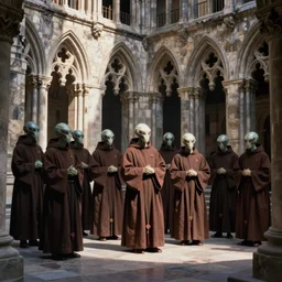 humanoid alien robed benedictine monks sing in a stone gothic brutalist monastery kodak portra ektachrome