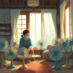 wide full shot of asian couple looking at each other, sitting in rural living room, group of table fans placing around the room, day light, colorful mood, digital illustration by kyuyong eom and ruan jia, artstation behance pinterest
