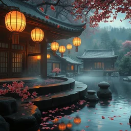 painting of private onsen next to japanese inn with levitating lanterns and petals by greg rutkowski craig mullins ross tran zen garden flowers japanese motifs concept art clear focus fantasy d & d cinematic lighting unreal engine lumen reflections trending on artstation