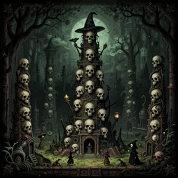 scary witchdoctors skull tower. a 2 d rpg retro map surrealist video game by dave dorman hieronymus bosch, cyril rolando, esher and natalie shau, whimsical, profound, impossible, dark, atmospheric, brooding, digital painting, intricate. profound. wow