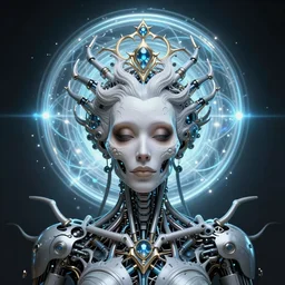 queen of death. intricate portrait, intricate biomechanical, bioluminescent halo around head. by Petros Afshar, by artgerm, by Eddie Mendoza, by Peter mohrbacher, by tooth wu, unreal engine, octane render, cinematic light, high details, iridescent colors