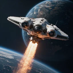 hyperdetailed photo of a unknown spacecraft shooting down at a mysterious planet 8 k extremely detailed hd hyperrealism movie studio fx beautiful