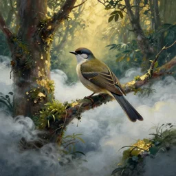 bird in the cloud forest, scifi. gouache and gold leaf work by the award - winning mangaka, bloom, chiaroscuro, backlighting, depth of field.
