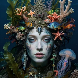 hyperrealistic detailed underwater face portrait of the beautiful god of the fish with an intricate headgear of corals, sea kelp, sea plants, fish, starfish, jellyfish, art by ernst haeckel, hieronymus bosch, james jean, gothic, neo - gothic, ornamental, beautiful deep colours,