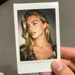 hand holding a photograph of a polaroid of a olive skinned blonde female model in her twenties, wearing a designer top, looking content, focused on her neck, photo realistic, extreme detail skin, natural beauty, no filter, slr, golden hour, 4 k, high definition, selfie
