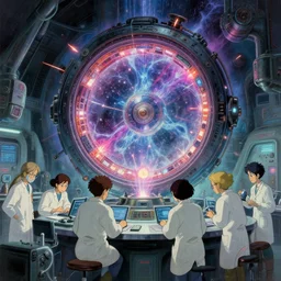 oil sci fi painting of a group of scientist working on a time machine stargate portal, energy sparks, plasma, with lab coats, in a futuristic cyber laboratory, octane rendering, trending on artstation, by, studio ghibli, michael whealan and james gurney
