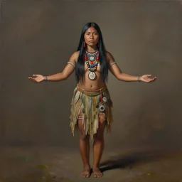 a beautiful painting of an indigenous woman with open arms in a welcoming attitude, facing camera, full body, matte painting, fantasy art, ayahuasca, highly detailed