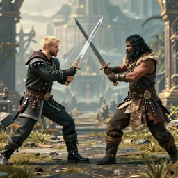 Eminem and Joe Budden fighting each other with swords in Skyrim