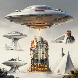 design concept of ufo for science fiction limited mini series, futuristic architect, modern architect, antoni gaudi, shigeru bang, jodorowsky, mock up design, illustration, detail breakdown, detail, hyper realistic, realistic, cinematic lighting, deep focus, ultra realistic, 8 k, uhd, sketch up, golden ratio, architecture breakdown