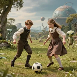 still from a sci fi blockbuster movie made in 2022, set in 1860, a boy and a girl are playing soccer with a humanoid alien, both are wearing 1850s era clothes, in a park on a strange alien planet, good lighting, 8k, in focus faces, good photography, oscar winner