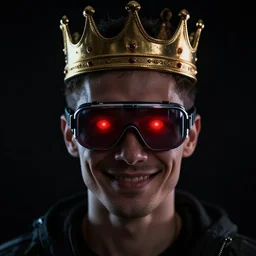 man with a crown, smirk, photograph, black backgrounds, glowing red eyes, cyberpunk, goggles