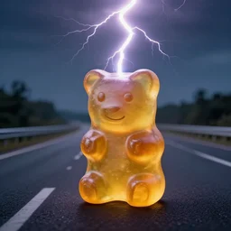 lightning striking a gummy bear on a motorway