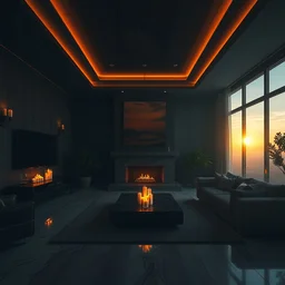 videogame screenshot of a very dark dreamy sunset luxury maximalist living room, candlelight, cinematic sunset glow, dark shadows, wood concrete marble finishes, octane render, volumetric lighting, raytracing, symmetrical wide shot low angle