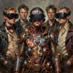 junky men in affect, cybertronic gadgets and vr helmet, sparks, flesh + technology, durty colours, rotten textures, rusty shapes, ralph meyer, biotechnology, norman rockwell, tim hildebrandt, viktor safonkin, dariusz zawadzki, bruce pennington, larry elmore, intricate details, hyperrealistic oil painting on canvas, deep depth field
