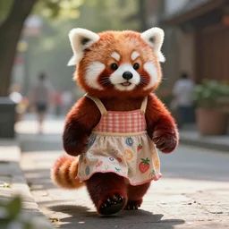 a photo of 8k a cute humanoid red panda in a dress walking down a sunny street, cinematic lighting, trending on artstation, 4k, hyperrealistic, focused, extreme details, unreal engine 5, cinematic, masterpiece
