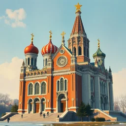 cathedral in stalinist architecture style. highly detailed, digital painting, watercolor, soviet realism, engraving, artstation, concept art, smooth, sharp focus, vivid grunge, manga, illustration, unreal engine 5, 8 k, art by bilibin and kuvshinov and malevich and mucha