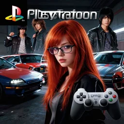 VIDEO GAME PLAYSTATION 2 COVER ART PRINT, Redhead girl with glasses looking to the cars, cinematic lighting, dramatic atmosphere, by Dustin Nguyen, Akihiko Yoshida, Greg Tocchini, Greg Rutkowski, Cliff Chiang, 4k resolution, trending on artstation