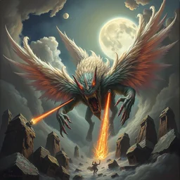 concept art of giant mutant fairy attack, lovecraftian, lots of teeth, melting horror, fluffy feathers, round moon, rich clouds, fighting the horrors of the unknown with lasers, high resolution, very detailed, colorful, roaring, volumetric light, mist, grim, fine art, decaying, textured oil over canvas, epic fantasy art, very colorful, ornate
