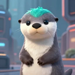 male grey anthropomorphic otter with turquoise hair and orange nose and white belly in a futuristic city
