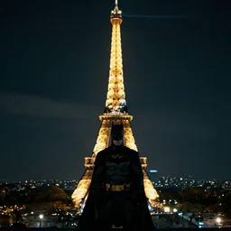 batman on top of the eiffel overlooking paris at night, 4 k, cinematic, arri alexa, film footage