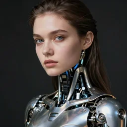 close - up portrait of beautiful young woman with cybernetic dress, art by paolo roversi.