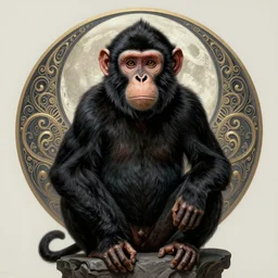 symmetry!! ultra realistic portrait of monkey! black monolith and moon in background, intricate, elegant, highly detailed, digital painting, artstation, concept art, smooth, sharp focus, illustration, art by artgerm and ross tran and greg rutkowski and alphonse mucha, 8 k