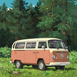 a 1 9 8 0 s volkswagon camper van in a forest of towering evergreen trees, in the style of studio ghibli