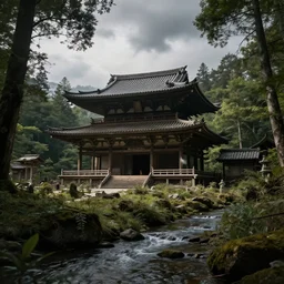 a ancient japanese temple in the middle of a forest mear a small river, extremely highly detailed, high quality, 8K HDR, octane render, unreal engine 5, hyperrealistic, concept art, trending on Artstation, dramatic lighting, cinematic, high coherence, path tracing, ruins, clouds in the sky, singular building, centered