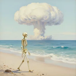 a skeleton walking on a beach next to the ocean with nuclear bomb explosion in the background, a naturalism painting by Storm Thorgerson, featured on cg society, matte painting, realistic, chillwave, anatomically correct, light colors, photo-realistic huge mushroom-cloud on the horizon