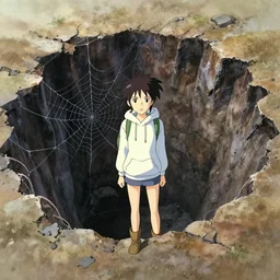 anime movie scene, mamoru oshii, otomo, ultra wide, vanishing point, hoody woman explorer, watercolor, crater, chasm, collapse, sinkhole, spiderwebs, flowers, billboards, sun beam, dusty volumetric lighting, rim light, paper texture, puddles, deserted shinjuku junk, brutalist, overpass, yellow, red