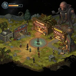 in front of [ [ [ [ some stores ] ] ] ] in a remote outpost, on an alien planet, from a space themed point and click 2 d graphic adventure game, set design slightly inspired by tomb raider and very slightly by hg giger, art inspired by [ [ thomas kinkade ] ] and mark keathley and tyler edlin