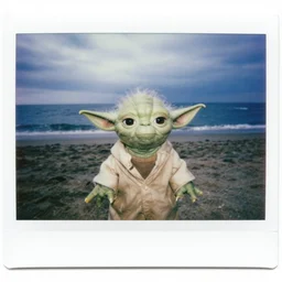 polaroid photo of yoda at the beach. photo by martin parr. satirical and anthropological look at aspects of modern life. flash photography