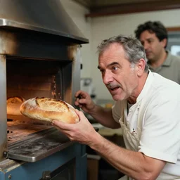 portrait of a baker fighting bread trying to escape the oven, by Steve McCurry and David Lazar, natural light, detailed face, CANON Eos C300, ƒ1.8, 35mm, 8K, medium-format print