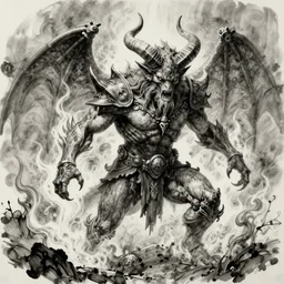 detailed horned demon in heroic pose, engulfed in flames, greyscale ink drawing