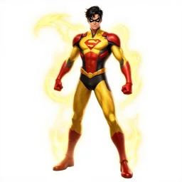 a superhero with a yellow, red and black suit, concept art, trending on artstation, very detailed, sharp, super consistent, flowing energy, glowing energy