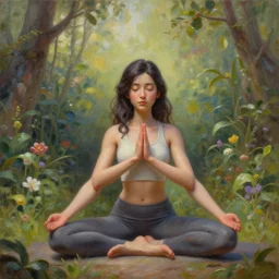 a beautiful intricate oil paint of dark haired girl in yoga pants sitting in a garden doing a sun yoga pose, highly detailed, digital painting, artstation, concept art, matte, sharp focus, 3 d, octane render, well rendered, art by artgerm, by greg rutkowski, by alphonse mucha
