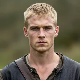 photo portrait of a rugged irish pirate, young adult, short blonde hair, faded blue vest, charismatic face, rugged and dirty, cinematic lighting at sundawn, movie color grading
