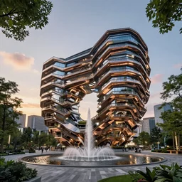 a stunningly detailed building designed by Zaha Hadid, surrounded by lush green forest, public space with a water fountain, stunning volumetric lighting, sunset, metal, concrete, glass, stunning skies, trending on Artstation, 8k, photorealistic, hyper detailed, unreal engine 5, Rhinoceros 3D, IMAX quality, cinematic, epic lighting, in the style of Greg Rutkowski