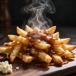 french fries pile, steaming, brown gravy, cheese curds, cinematic photo