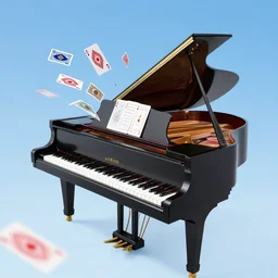 a realistic piano floating in the air, blue sky, realistic, detailed photography, modern, colourful, playing cards floating all around the piano, realistic.