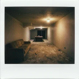 polaroid photograph of a new finished dimly lit basement of a middle class home with a couch and a pool table in the corner at night, empty, light from upstairs, warmly lit, massive long twisting hallways, strange architecture, dark, clean abandoned, creepy, void, liminal, backrooms