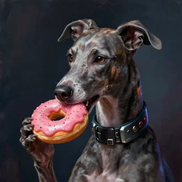 a portrait of an anthropomorphic cyberpunk greyhound dog eating a pink donut, cyberpunk!, fantasy, elegant, digital painting, artstation, concept art, matte, sharp focus, illustration, art by josan gonzalez